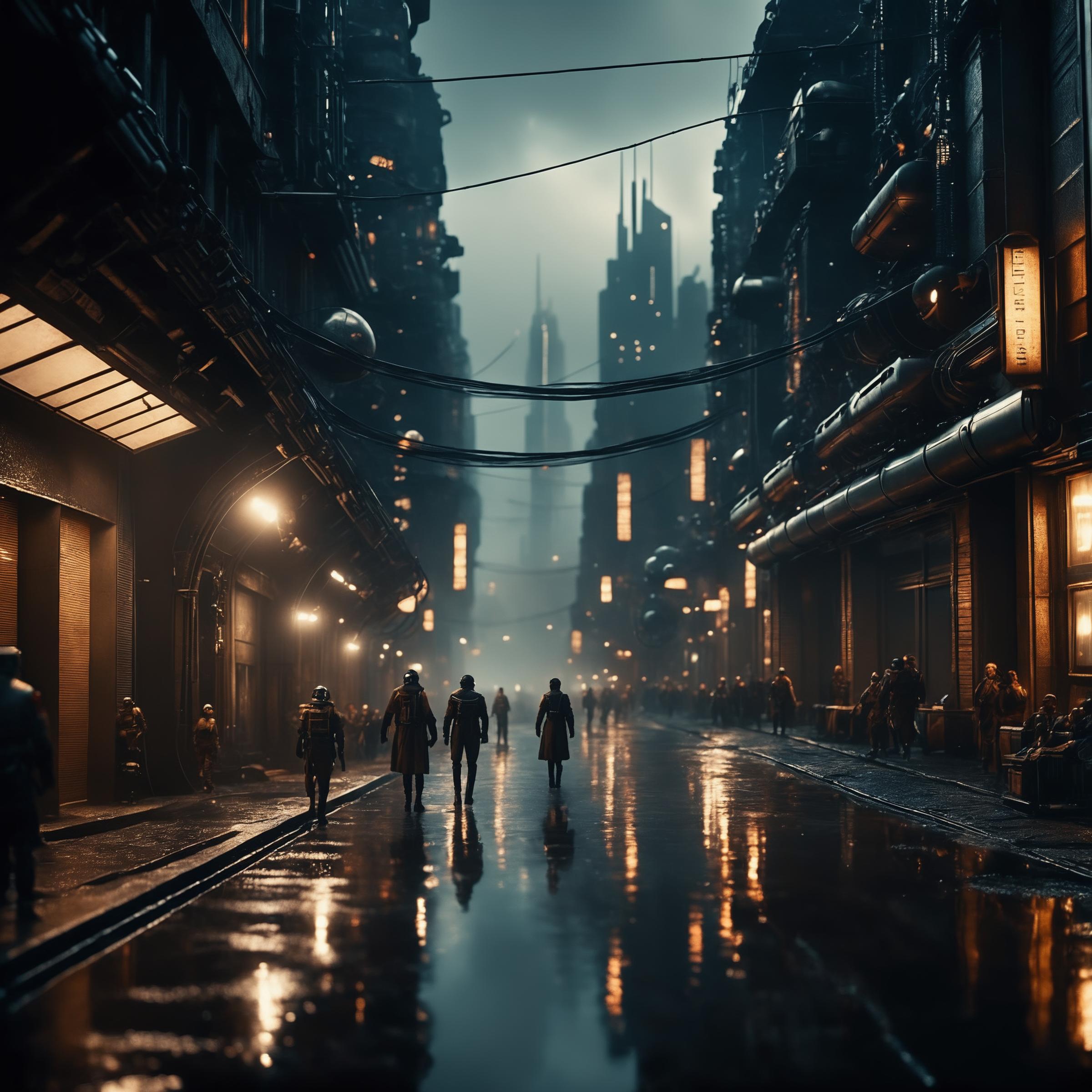 cinematic film still, a city, a dystopian future, year 3000, sci fi, amazing details, dark atmosphere, shallow depth of fi...